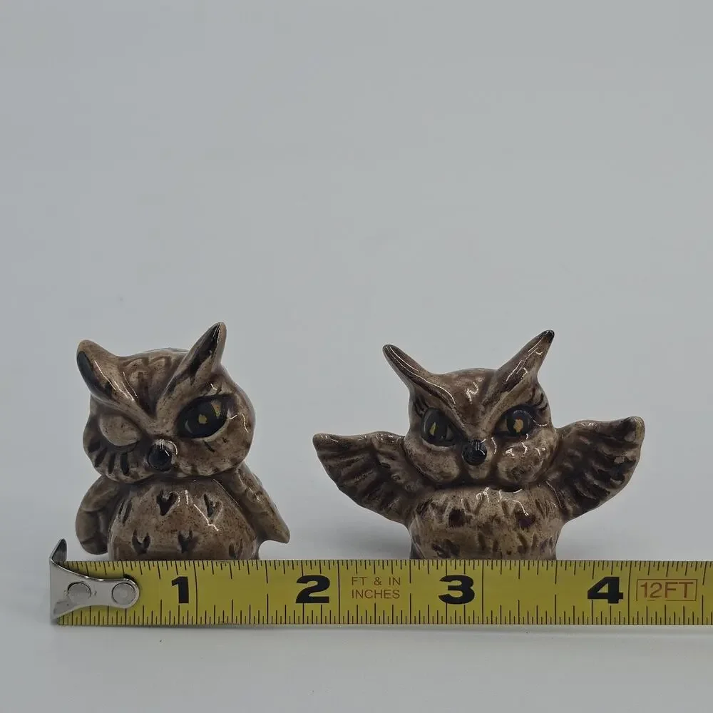 Vintage Ceramic Owl Figurines Miniature Set Collectibles Handpainted MCM 1970s